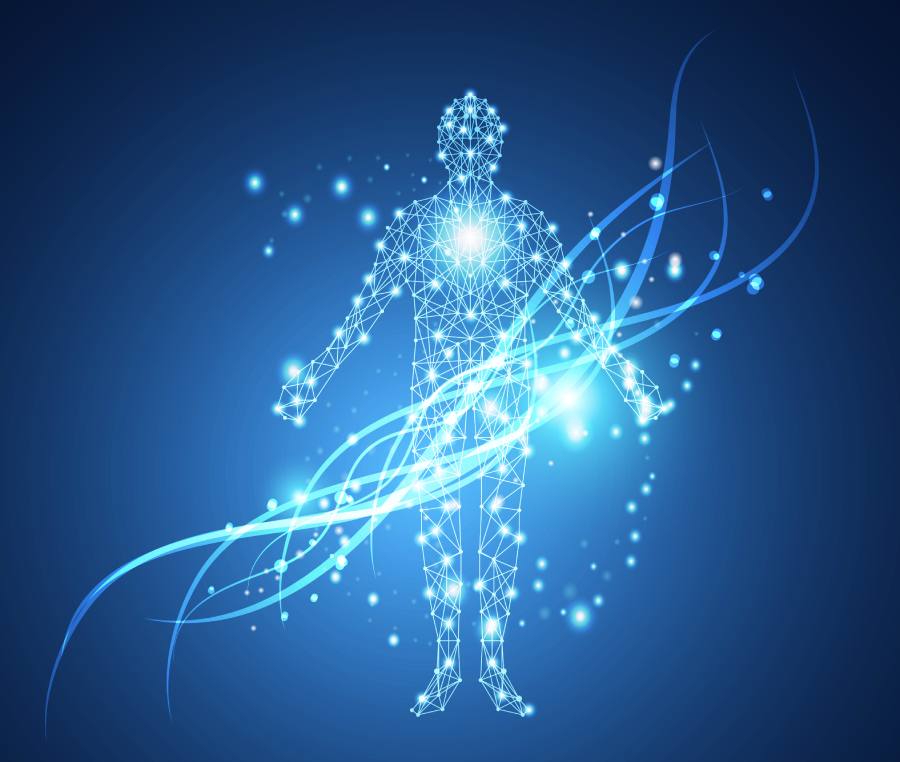 illustrazione di un corpo umano connesso da tanti puntini luminosi, rappresentazione della visione sistemica