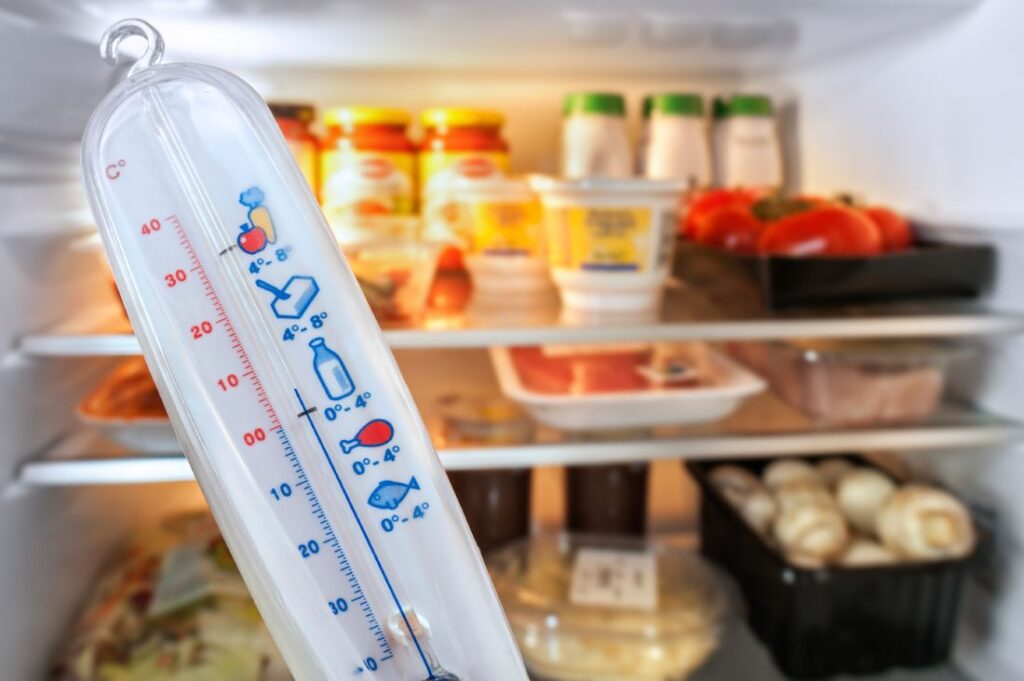 termometro con frigorifero aperto sullo sfondo