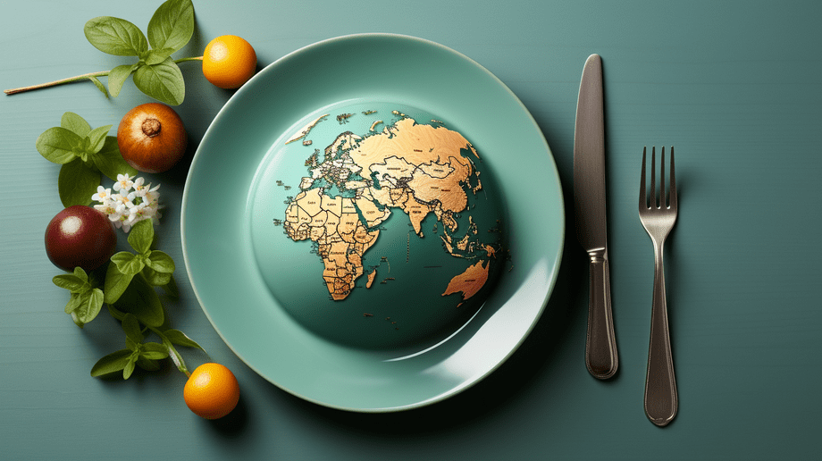 un mondo in un piatto, con forchetta e coltello di lato