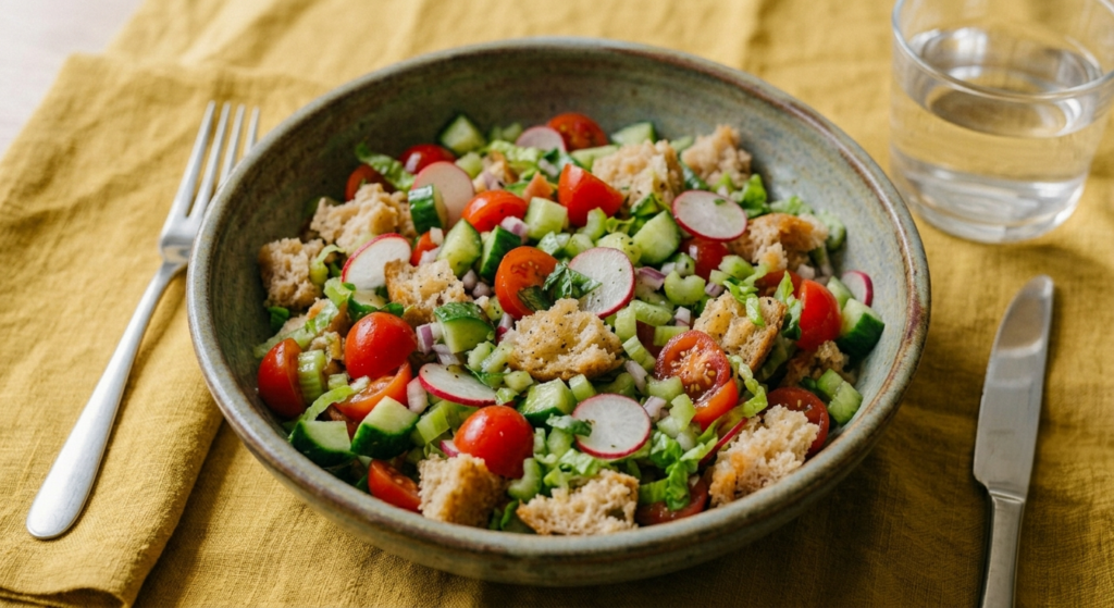 Piatto con panzanella di pane, pomodori e cetrioli.