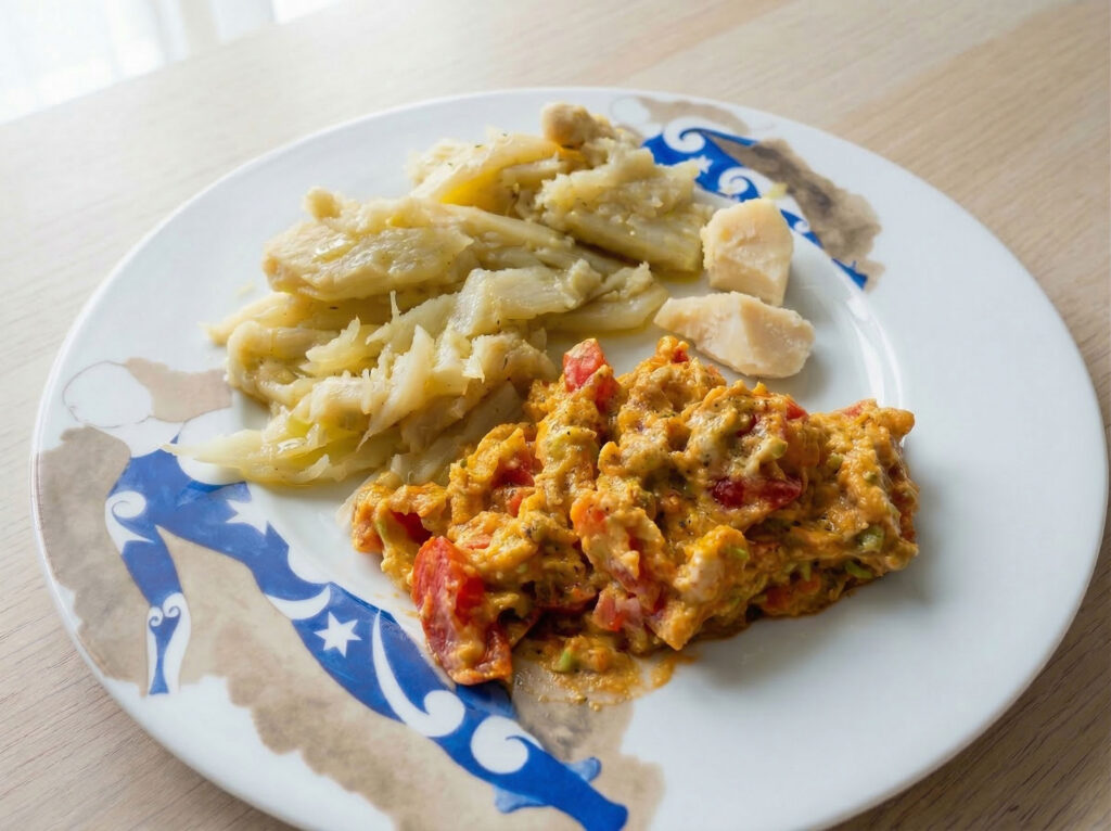 Piatto con finocchi, pomodorini, crema di avocado e cipolle
