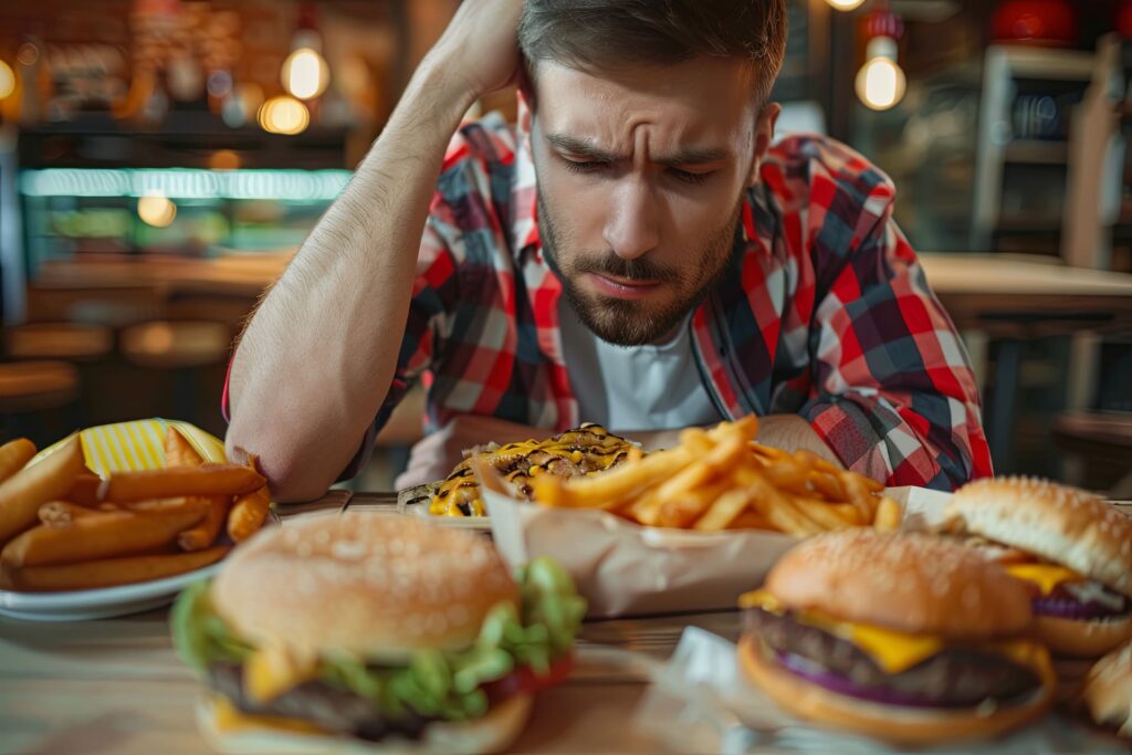 Giovane ragazzo seduto al tavolo che osserva fastfood con sensi di colpa.