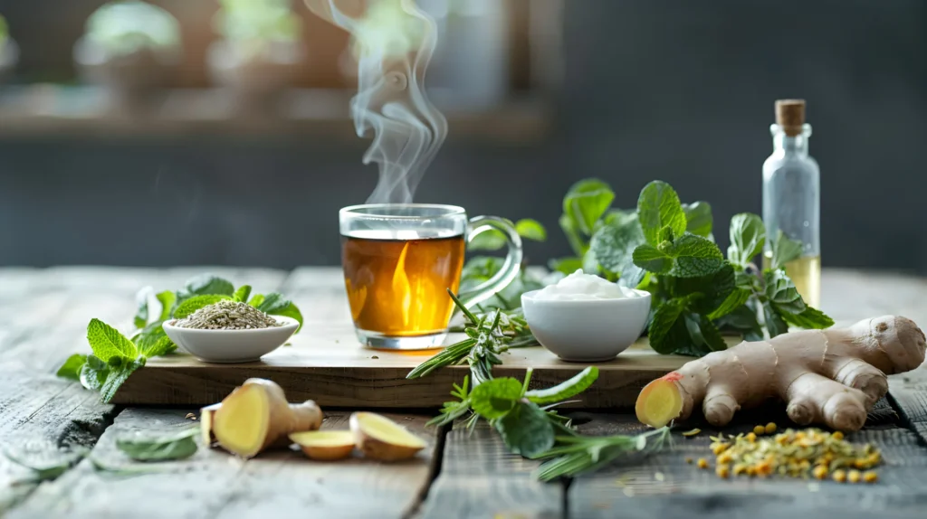 Tisana fumante su un tavolo con menta, zenzero e altre erbe