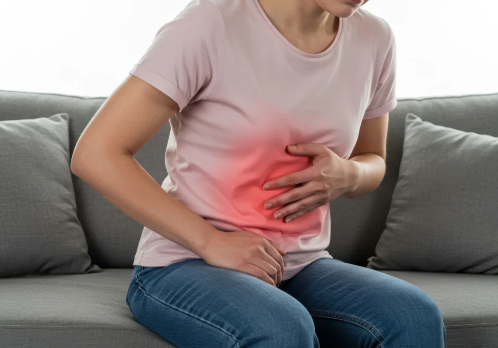 Persona seduta che si tocca la pancia, mentre un alone rosso evidenzia il bruciore di stomaco