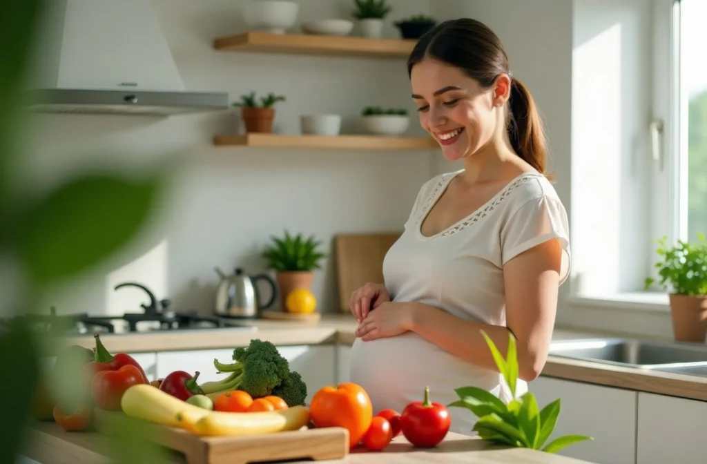 Donna incinta in cucina che sorride guardando la propria tavola imbandita di frutta e verdura