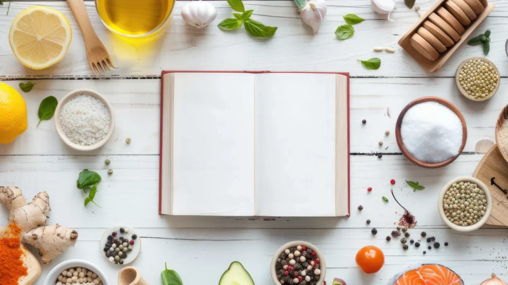Tavolo inquadrato dall'alto con cibi e un libro aperto