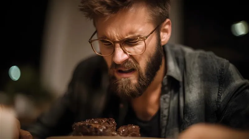 Un uomo seduto a tavola mostra una smorfia di disgusto davanti al piatto.