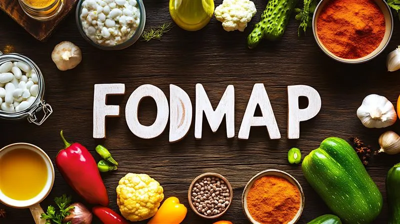 La scritta “FODMAP” composta da lettere bianche su un tavolo di legno, circondata da alimenti come verdure, legumi e spezie, a rappresentare la dieta a basso contenuto di FODMAP.