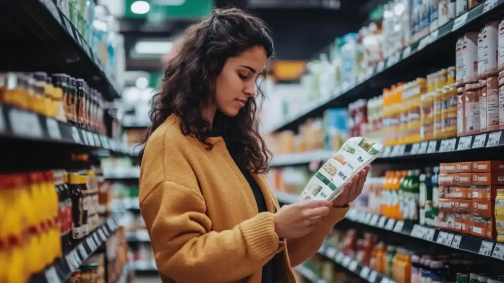 Donna riccia castana legge l'etichetta di un alimento in un supermercato