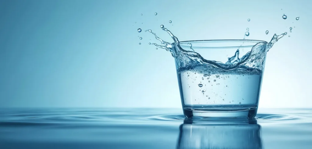 Bicchiere in vetro con acqua appoggiato su acqua