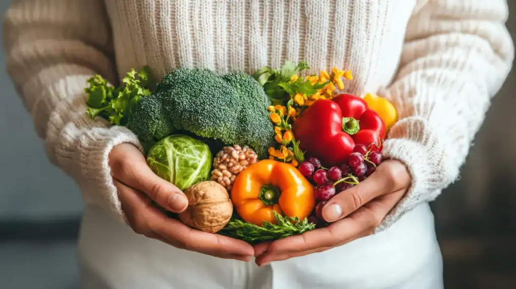 Donna tiene tra le mani diversi tipi di verdure, legumi e noci