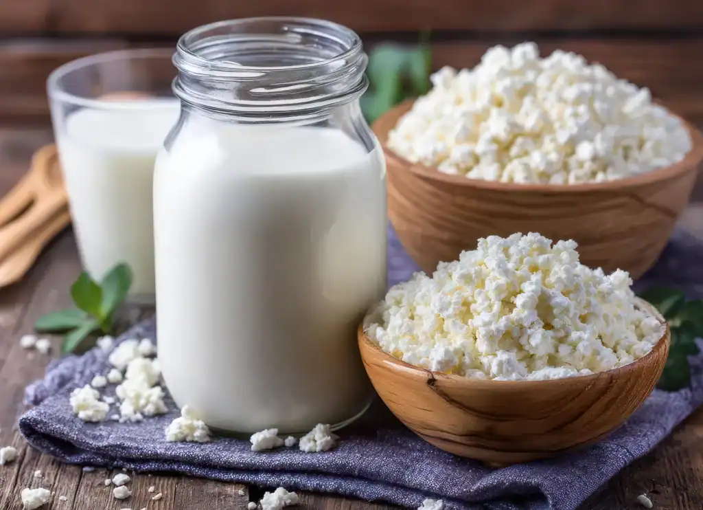 Bicchiere di latte, contenitore in vetro con kefir e ciotole in legno con fiocchi di latte, appoggiati su un tavolo