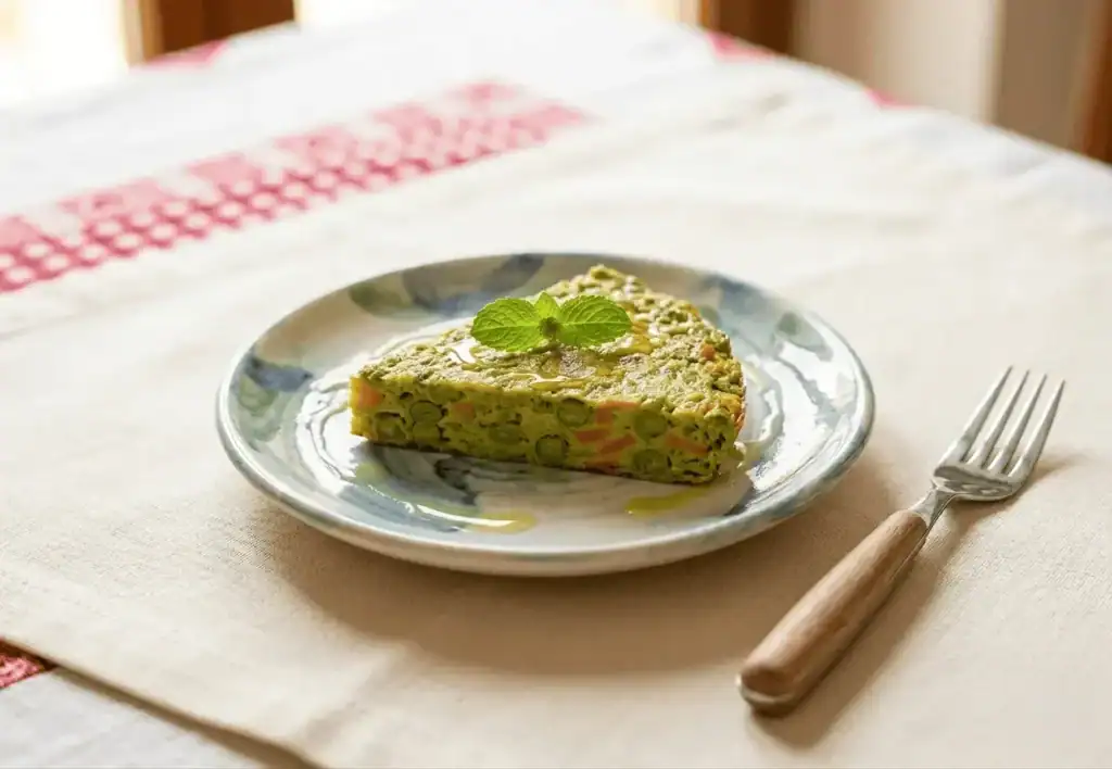 Tortino di ceci con verdure e curcuma su piatto, decorato con menta fresca.