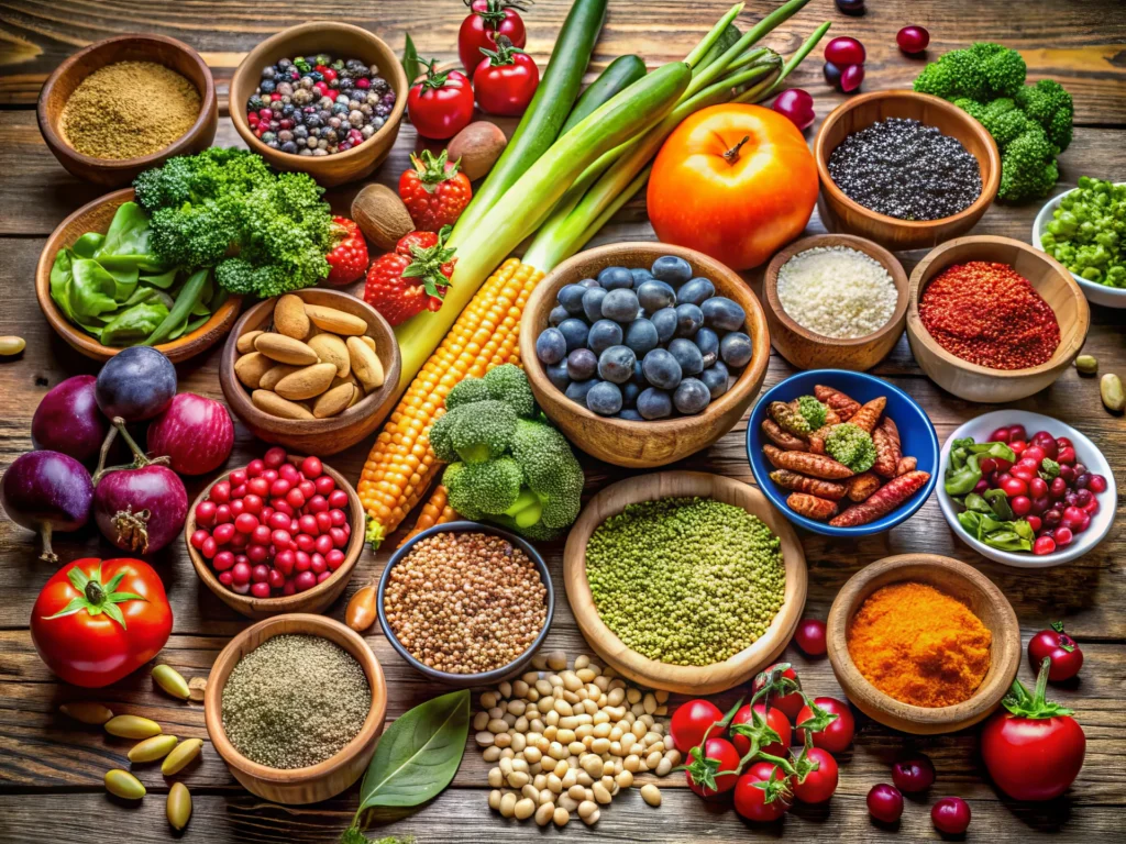 Tavola imbandita con diversi cibi salutari, come frutti di bosco, verdure, ortaggi e legumi