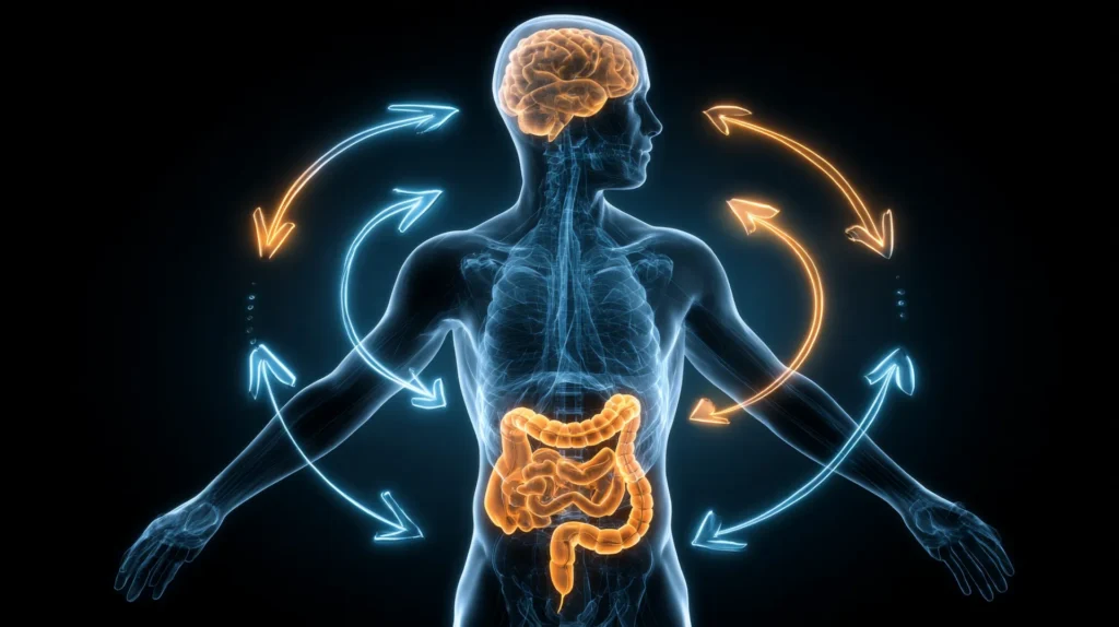 Figura umana vista in stile raggi X in cui vengono messi in evidenza cervello e intestino, con delle frecce che suggeriscono il collegamento tra i due organi.