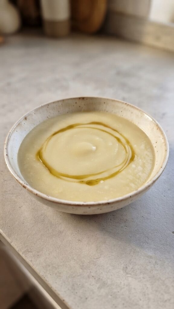 Crema di sedano e patate in ciotola, ricetta salutare e cremosa.