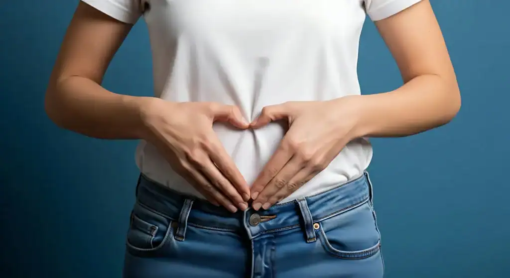Donna con dolore addominale che si tiene lo stomaco.